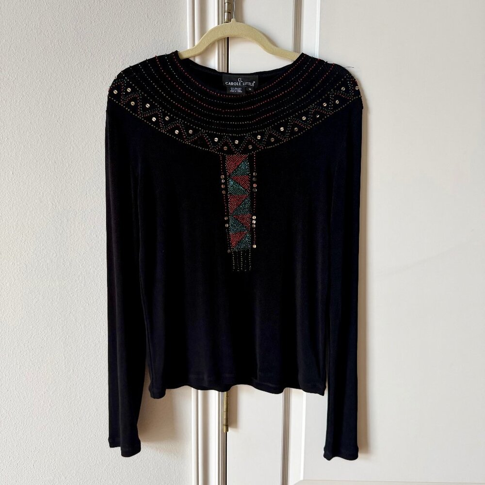 Vintage Carole Little Beaded Stretch Knit Long Sleeve Top Size M